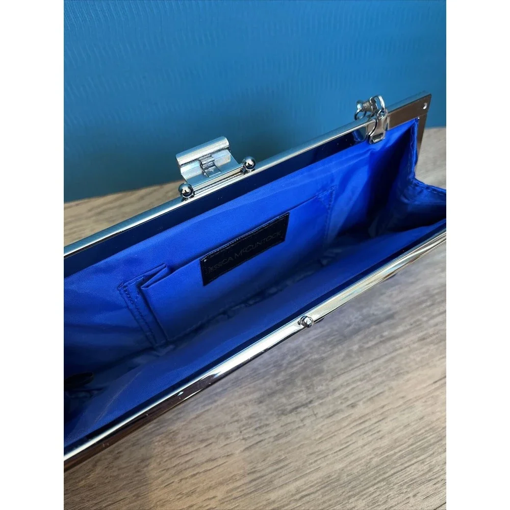 VTG Jessica McClintock Blue Satin Clutch Optional Chain Silver Snap Close